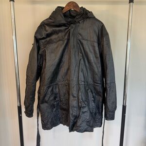 Wilda Black Genuine Leather Trench Coat with Fur Removable Lining size XL Vtg 90